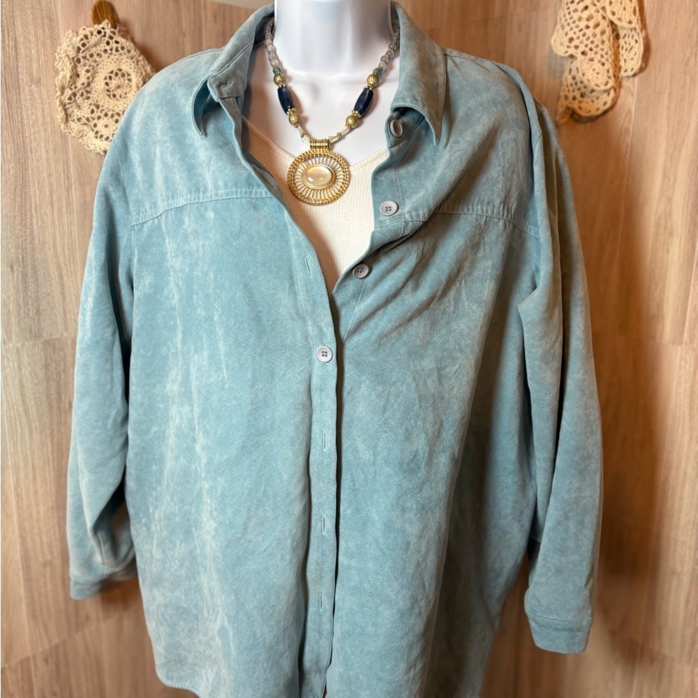 Relativity Seafoam Green Suede Feel Polyester Top Button Up